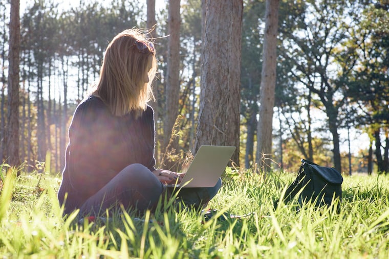 Girl in park on laptop 