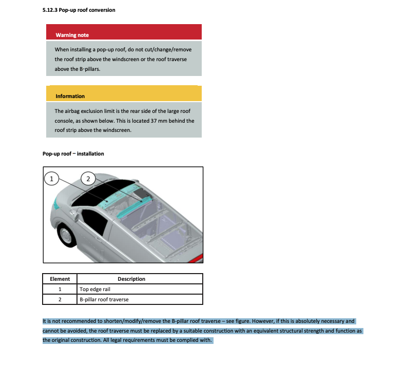 Text recommending converters not to shorten or modify the B pillar roof traverse, from VW's own guidance on the issue,