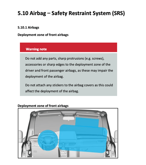 Text from Volkswagen's own guidelines about the front airbag deployment zone