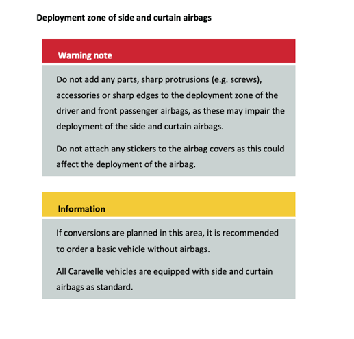 Text from Volkswagen's own guidelines around converting the T7, in particular talking about the area involving all front and side airbags